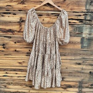 LOVELY J | Metallic Gold Leopard Cheetah Animal Print Tiered Dress 3/4 Sleeve L